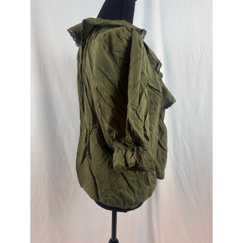 Olive Green Victorian Ruffle Lace Trim Puff Sleeve Pintuck Blouse Top Size XL - Picture 6 of 8